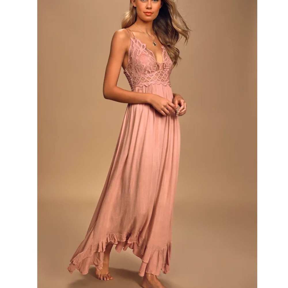 Free People FP One Adella Maxi Slip Dress Rose Pink Lace Crochet Boho Small - Picture 2 of 10